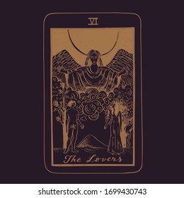 Vector hand drawn Tarot card deck.  Major arcana the Lovers.  Engraved vintage style. Occult, spiritual and alchemy symbolism