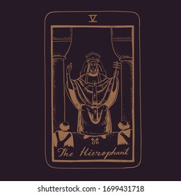 Vektorillustration handgezeichnet Tarot Kartendeck.  Major Arcana die Hierophant.  Der Vintage-Stil ist graviert. Symbolik von Okkulter, spiritueller und alchemischer Natur