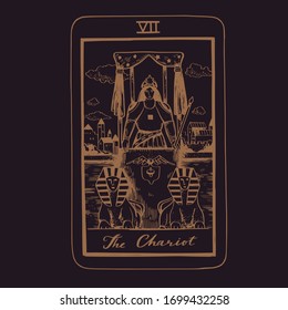 Vector hand drawn Tarot card deck.  Major arcana the Chariot.  Engraved vintage style. Occult, spiritual and alchemy symbolism