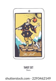 Vector hand drawn Tarot card deck.  Major arcana The fool.  Colorful style. Occult and alchemy symbolism