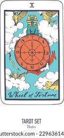 Vector hand drawn Tarot card deck.  Major arcana Wheel of fortune.  Engraved vintage style. Occult, spiritual and alchemy symbolism