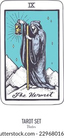 Baraja de cartas Tarot dibujada a mano por vectores.  La mayor arcana el Hermit.  Estilo vintage grabado. Simbolismo oculto, espiritual y alquimista