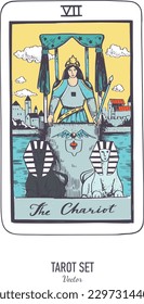 Baraja de cartas Tarot dibujada a mano por vectores.  La mayor arcana, el carruaje.  Estilo vintage grabado. Simbolismo oculto, espiritual y alquimista