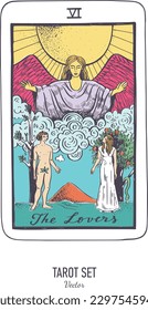 Vektor handgezeichnet Tarot Kartendeck.  Major Arcana die Liebenden.  Der Vintage-Stil ist graviert. Symbolik von Okkulter, spiritueller und alchemischer Natur