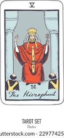 Vektor handgezeichnet Tarot Kartendeck.  Major Arcana die Hierophant.  Der Vintage-Stil ist graviert. Symbolik von Okkulter, spiritueller und alchemischer Natur