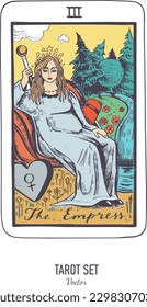 Vector hand drawn Tarot card deck.  Major arcana the Empress.  Engraved vintage style. Occult, spiritual and alchemy symbolism