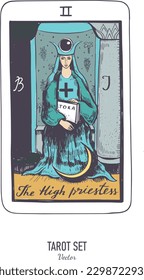 Baraja de cartas Tarot dibujada a mano por vectores.  La mayor arcana, la alta sacerdotisa.  Estilo vintage grabado. Simbolismo oculto, espiritual y alquimista