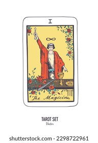 Vector hand drawn Tarot card deck.  Major arcana the Magician.  Engraved vintage style. Occult, spiritual and alchemy symbolism