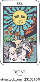 Vektor handgezeichnet Tarot Kartendeck.  Major Arcana Die Sonne. Gravierter Vintage-Stil. Symbolik von Okkulter, spiritueller und alchemischer Natur