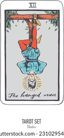 Baraja de cartas Tarot dibujada a mano por vectores.  Mayor arcana El hombre ahorcado.  Estilo vintage grabado. Simbolismo oculto, espiritual y alquimista