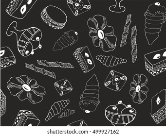 Vector hand drawn tastes pattern. Cake, cookie mix. Elements for poster, banner, print, advertisement, web background design.