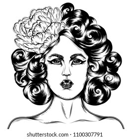 Vector hand drawn tattoo pin up girl.  A girl in retro style with a curly hairstyle and a pion in her hair. T-shirt print design. Face of a woman close up. Isolated on white background