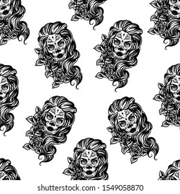 Vector hand drawn tattoo seamless pattern of skull girl with roses. Skull sugar flower. Skull tattoo isolated on white.Day Of The Dead Skull.
