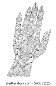 Vector hand drawn tattooed arm with mehendi patterns. Pattern for coloring page A4 size Indian traditional lifestyle. Ornament coloring book for adults.
