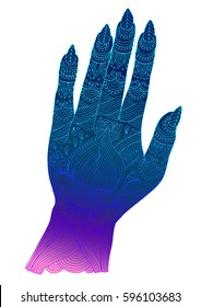 Vector hand drawn tattooed arm with mehendi patterns colored line. Colorful Pattern for  page A4 size Indian traditional lifestyle. 