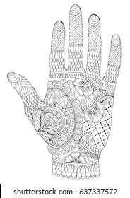 Vector hand drawn tattooed arm with mehendi patterns. Pattern for coloring page A4 size Indian traditional lifestyle. Ornament coloring book for adults.