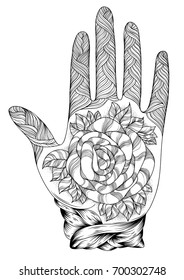 Vector hand drawn tattooed arm with a rose andweave patterns. Pattern for coloring page A4 size Indian traditional lifestyle. Ornament coloring book for adults.