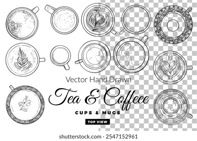 Vector hand drawn tea and coffee cups and mugs top view collection.Outline drinkware for coffee or tea menus.Isolated tea cups and coffee mugs on transparent background.Illustration is outline only. 