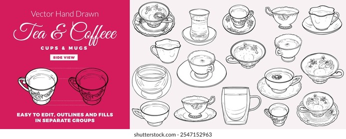 Vector hand drawn tea and coffee cups and mugs collection. Outline drinkware for coffee or tea menus. Isolated tea cups and coffee mugs with outlines and fills separate. 