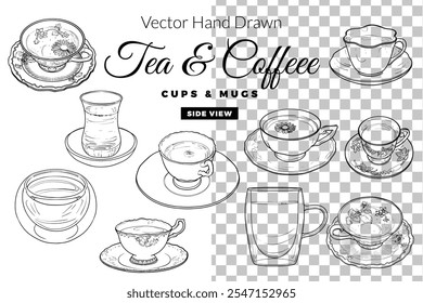 Vector hand drawn tea and coffee cups and mugs side view collection. Outline tableware for menu design. Isolated tea cups and coffee mugs on transparent background. Illustration is outline only. 