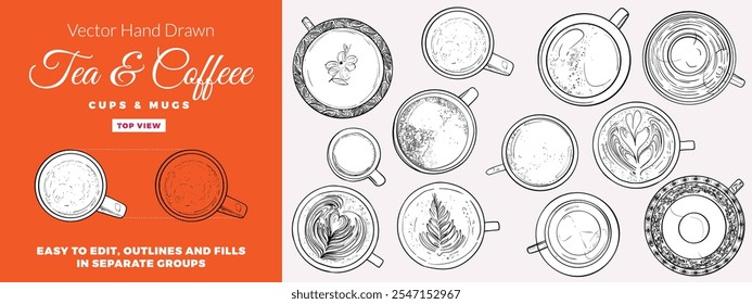 Vector hand drawn tea and coffee cups and mugs top view collection. Outline drinkware for coffee or tea menus. Isolated tea cups and coffee mugs with outlines and fills separate. 