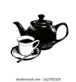 Vector hand drawn tea set of tea pot, cup with spoon and saucer