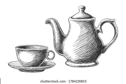 Vector hand drawn tea set with teapot and a cup. Isolated on white background.