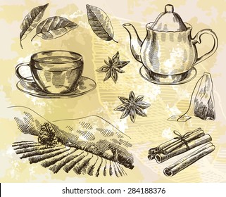 Vector hand drawn tea set on paint background