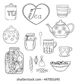 Vector hand drawn tea time set. Sketch