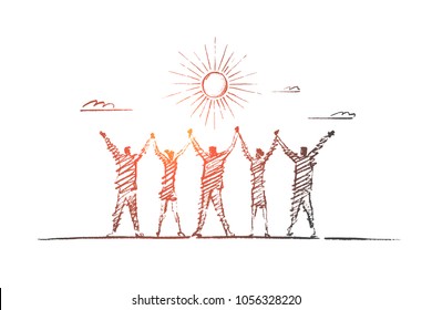 Vector hand drawn team concept sketch. Team of five people standing backwards and holding each others hands raised. Lettering Team concept