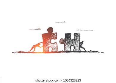 Vector hand drawn team concept sketch. Two men moving puzzle pieces towards each other to assemble it.