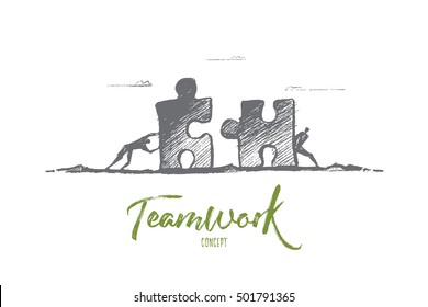 Vector hand drawn team concept sketch. Two men moving puzzle pieces towards each other to assemble it. Lettering Teamwork concept