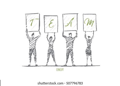 Vector hand drawn team concept sketch. Group of people standing together and holding letters of word TEAM on raised hands. Lettering Team concept