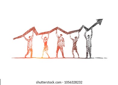 Vector Hand Drawn Teamwork Concept Sketch. Team Of Five People Standing And Holding Indicator Of Growth And Development In Common Business On Raised Hands.