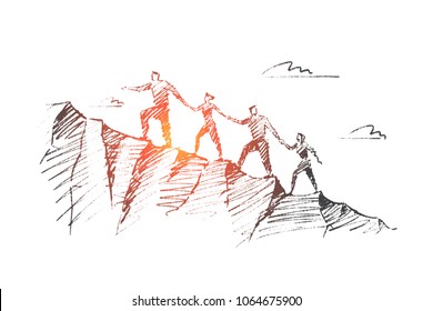 Vector Hand Drawn Teamwork Concept Sketch. Bisiness People Together Trying To Climb Up Mountain Holding Each Others Hands.