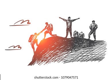 Vector hand drawn teamwork concept sketch with alpinist helping with hand another climber to reach mountain top and two people awaiting for them