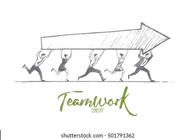 Vector hand drawn teamwork concept sketch. Team of five people running together and carrying indicator of success in common business. Lettering Teamwork concept