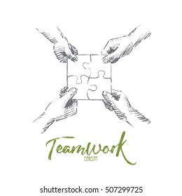 Vector Hand Drawn Teamwork Concept Sketch. Human Hands Folding Four Parts Of One Puzzle Together. Lettering Teamwork Concept