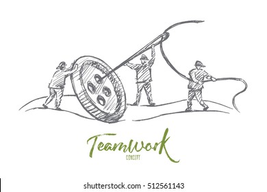 Vector hand drawn teamwork concept sketch. People trying to sew big button with huge needle together. Lettering Teamwork concept