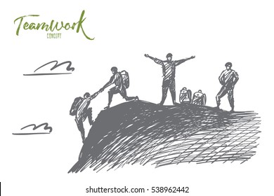 Vector hand drawn teamwork concept sketch with alpinist helping with hand another climber to reach mountain top and two people awaiting for them