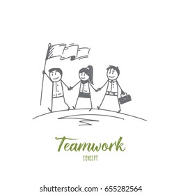 Vector hand drawn teamwork concept sketch with group of three people going forward with flag and holding their hands