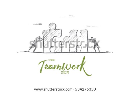 Vector hand drawn teamwork concept sketch. Bisiness people pushing huge pieces of one puzzle towards each other. Lettering Teamwork concept