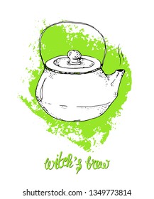 vector hand drawn teaspot with stylized matcha background and augmented with funny inscription.