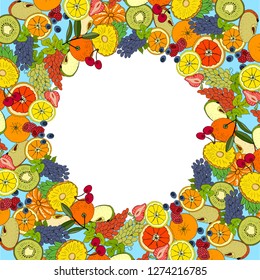  Vector hand drawn template with different fruits and berries. For your design, announcements, cards, posters, restaurant menu.