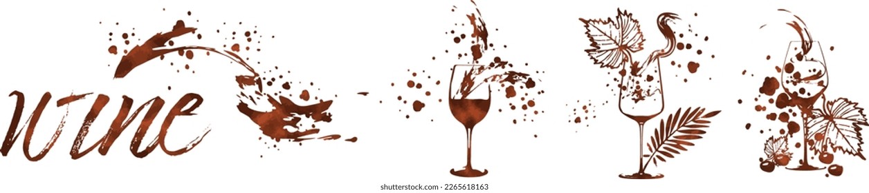 Vector hand drawn template illustration of wine, bottles and glasses. Art for menu, shop, market or sale. Wine bottles with wine splashes - colorful. Sketchy collection of grape leaves and different.