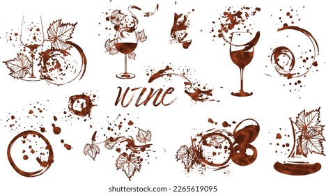 Vector hand drawn template illustration of wine, bottles and glasses. Art for menu, shop, market or sale. Wine bottles with wine splashes - colorful. Sketchy collection of grape leaves and different.