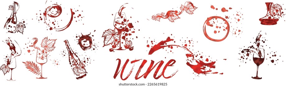 Vector hand drawn template illustration of wine, bottles and glasses. Art for menu, shop, market or sale. Wine bottles with wine splashes - colorful. Sketchy collection of grape leaves and different.