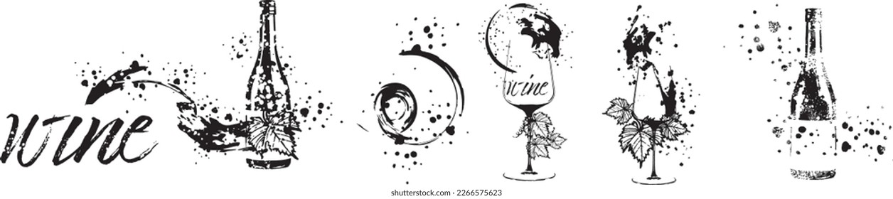 Vector hand drawn template illustration of wine, bottles and glasses. Art for menu, shop, market or sale. Wine bottles with wine squirts. Sketchy collection of grape leaves and different wine elements