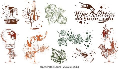 Vector hand drawn template illustration of wine, bottles and glasses. Art for menu, shop, market or sale. Wine bottles with wine squirts. Sketchy collection of grape leaves and different wine elements