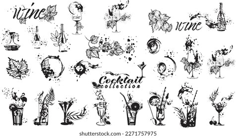 Handgezeichnete Vektorgrafik von Wein, Flasche, Glas und Cocktail. Kunst für Menü, Shop, Markt oder Verkauf. Mit Weinsplash - bunt. Skizzenhafte Sammlung von Weinblättern und Flaschen.